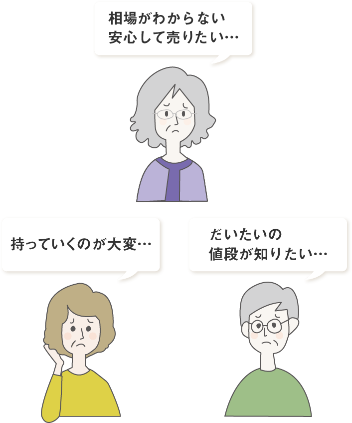 「相場がわからない 安心して売りたい…」「持っていくのが大変…」「だいたいの値段が知りたい…」